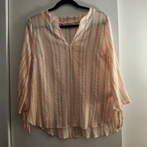 Michael Kors Women's Striped Sheer Pink, White, and Tan Blouse